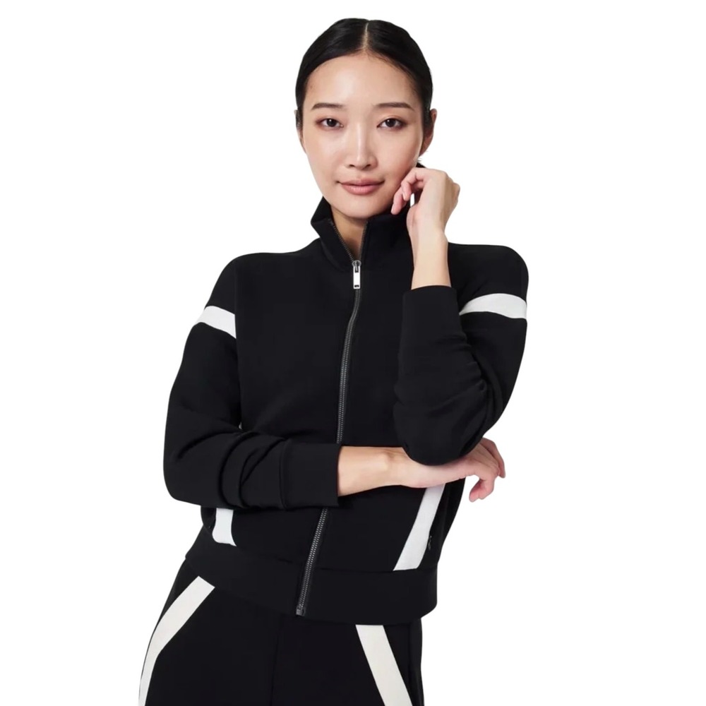 Spanx AirEssentials Track Jacket Black White Stripe Full Zip Mock Neck Small